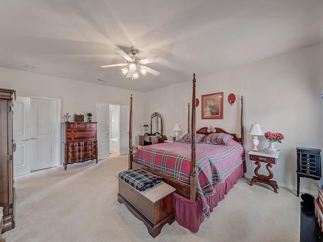 bedroom featuring light carpet and ceiling fan