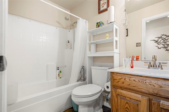 full bathroom featuring vanity, toilet, and shower / bathtub combination with curtain