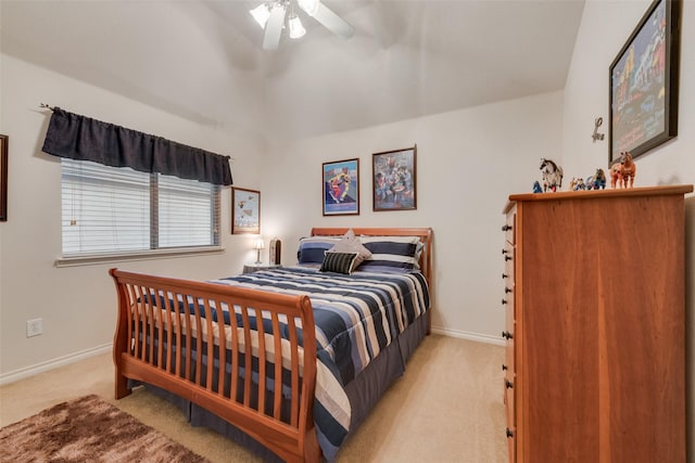 bedroom with light colored carpet and ceiling fan