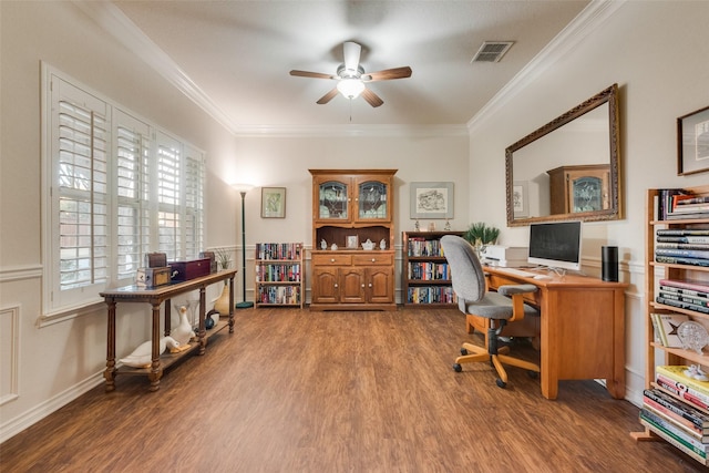 home office with crown molding, ceiling fan, and hardwood / wood-style floors