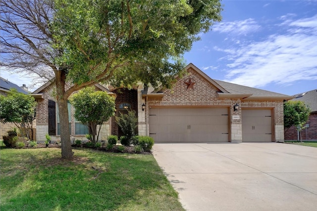 view of front of house with brick siding, concrete driveway, an attached garage, a front yard, and stone siding