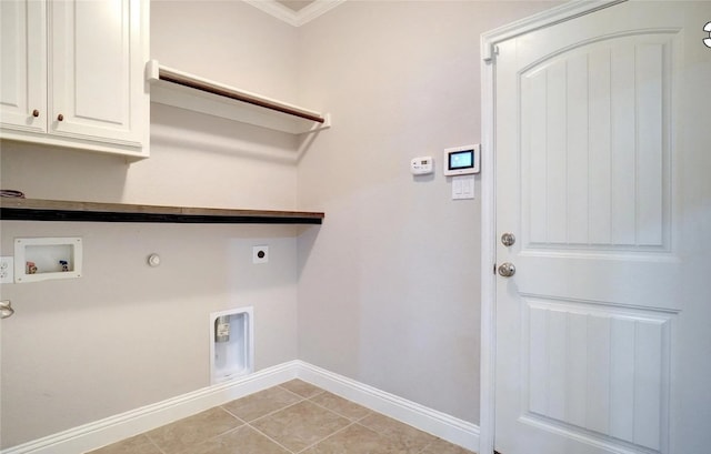 clothes washing area featuring light tile patterned flooring, gas dryer hookup, hookup for a washing machine, crown molding, and hookup for an electric dryer