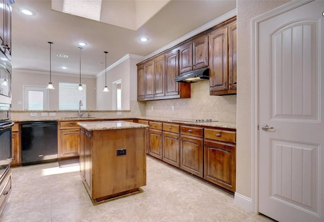 kitchen with light stone counters, decorative backsplash, a sink, under cabinet range hood, and black appliances