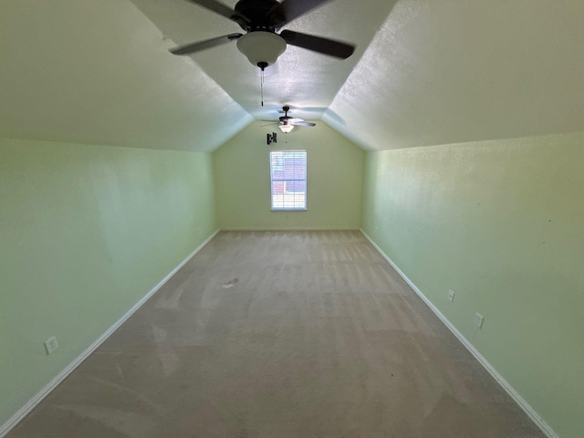 additional living space featuring lofted ceiling, light colored carpet, and a textured ceiling