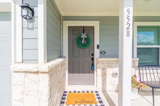 doorway to property featuring stone siding