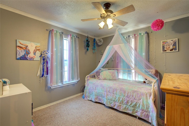 carpeted bedroom with ceiling fan, ornamental molding, and a textured ceiling