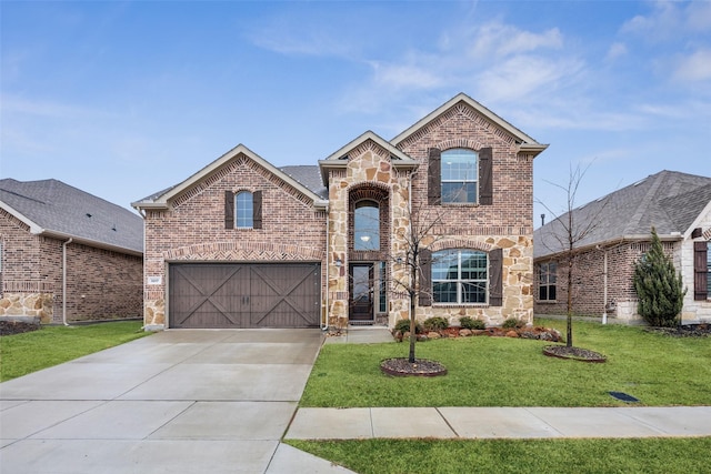 front facade featuring a garage and a front yard