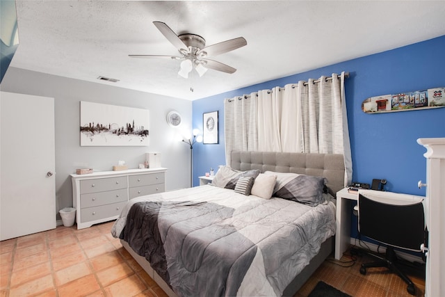 bedroom featuring a textured ceiling and ceiling fan