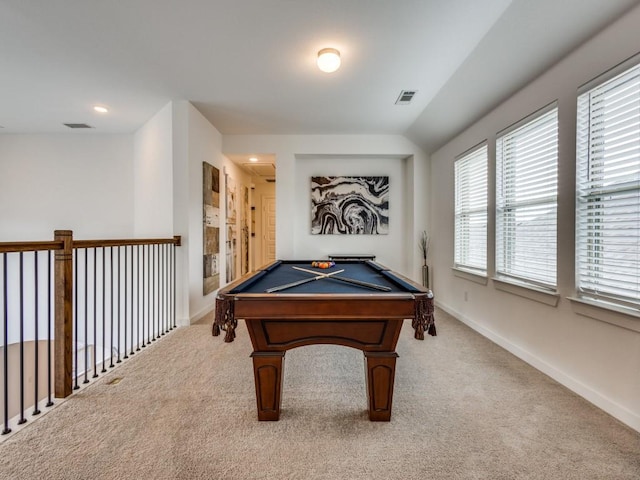 playroom featuring light carpet, vaulted ceiling, and billiards