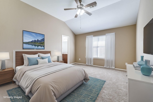 bedroom featuring visible vents, baseboards, a ceiling fan, light colored carpet, and lofted ceiling