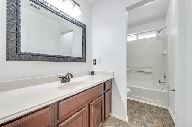 bathroom with toilet, shower / bath combination, baseboards, and vanity