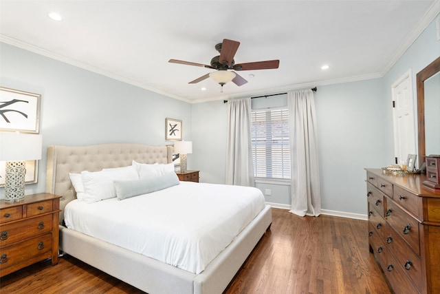 bedroom with dark wood-type flooring, ornamental molding, and ceiling fan