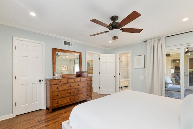 bedroom featuring crown molding, ceiling fan, dark hardwood / wood-style floors, ensuite bathroom, and access to outside