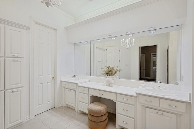 bathroom featuring tile patterned flooring, crown molding, and vanity