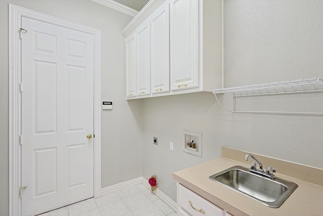 laundry room featuring hookup for a washing machine, cabinet space, a sink, electric dryer hookup, and baseboards