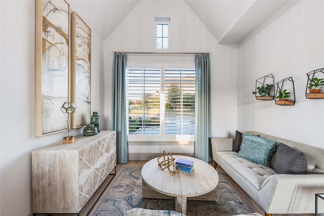 living room with lofted ceiling and hardwood / wood-style floors