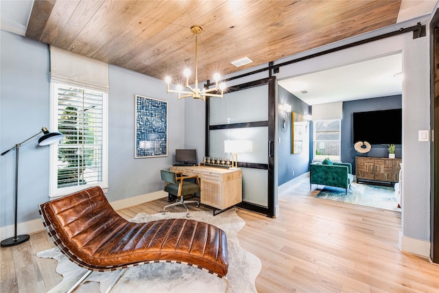 home office featuring a barn door, wooden ceiling, and light hardwood / wood-style flooring