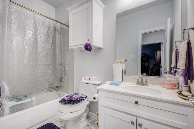 full bathroom featuring vanity, shower / tub combo, and toilet