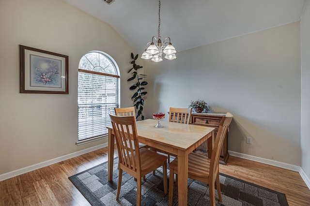 dining room featuring lofted ceiling, hardwood / wood-style flooring, a chandelier, and a healthy amount of sunlight