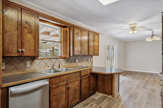 kitchen featuring sink, crown molding, decorative backsplash, stainless steel dishwasher, and kitchen peninsula