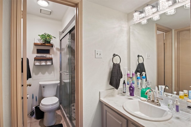 full bathroom with a stall shower, vanity, toilet, and tile patterned floors