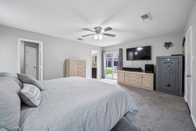 carpeted bedroom featuring access to exterior and ceiling fan