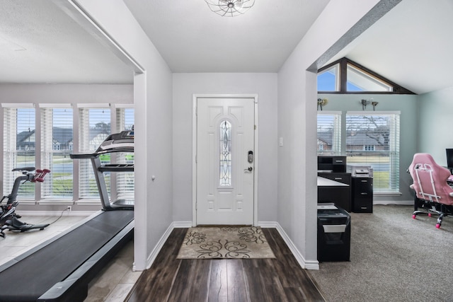 entrance foyer featuring vaulted ceiling and dark hardwood / wood-style floors