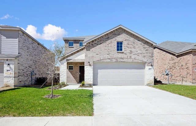 view of front of property featuring a front lawn, a garage, brick siding, and driveway