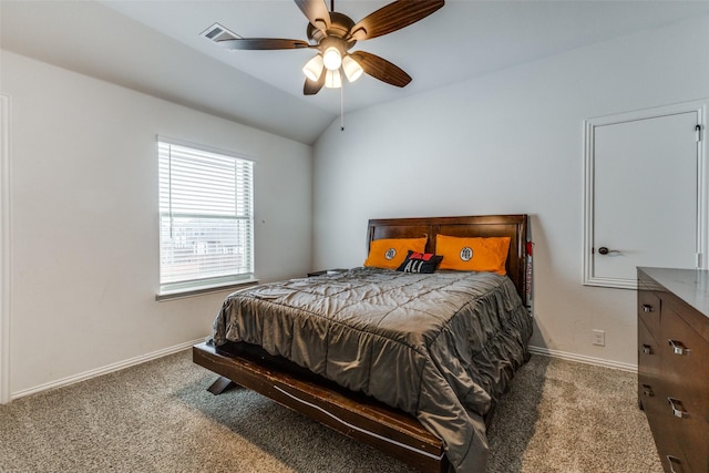 carpeted bedroom with lofted ceiling and ceiling fan