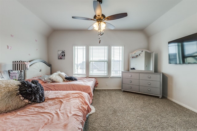 bedroom with vaulted ceiling, light carpet, and ceiling fan