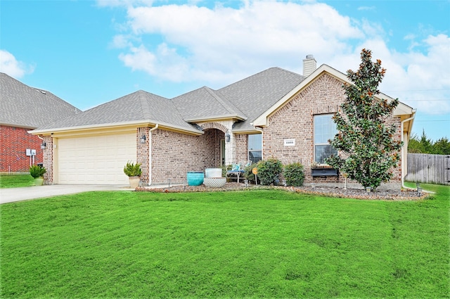 view of front of house featuring concrete driveway, roof with shingles, a chimney, and a front lawn