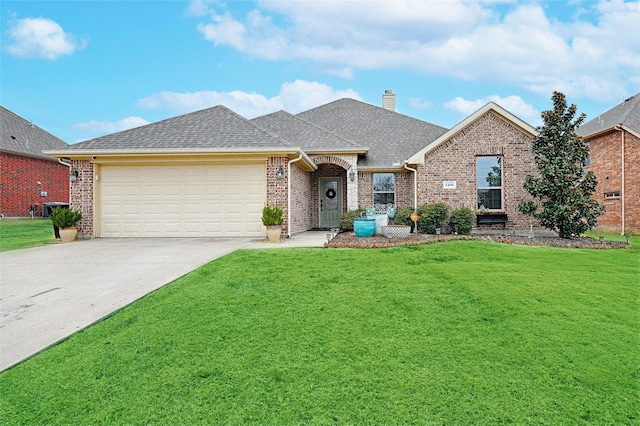 single story home featuring a shingled roof, brick siding, concrete driveway, a front lawn, and a chimney