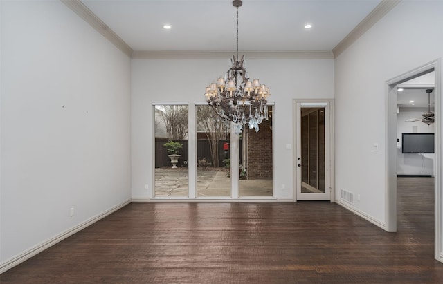 unfurnished dining area featuring crown molding and dark hardwood / wood-style floors