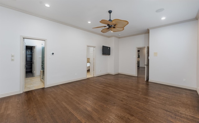 spare room with ornamental molding, ceiling fan, and dark hardwood / wood-style flooring