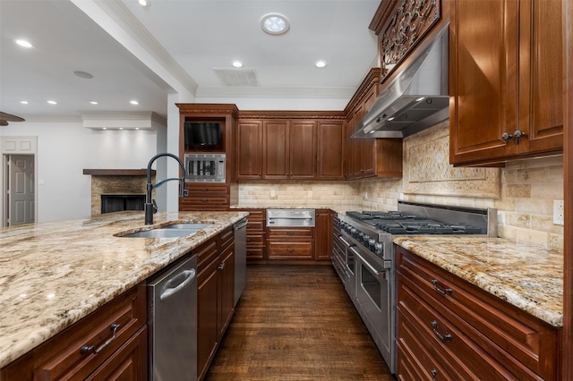 kitchen featuring appliances with stainless steel finishes, range hood, sink, ornamental molding, and light stone counters