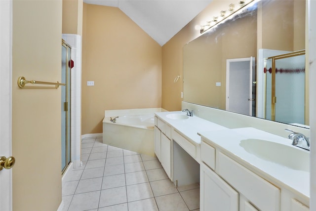 bathroom featuring vanity, tile patterned flooring, vaulted ceiling, and independent shower and bath