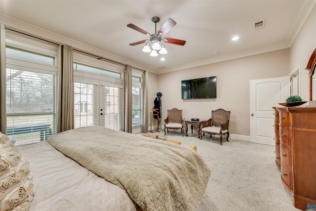 bedroom featuring ceiling fan, ornamental molding, access to outside, light colored carpet, and french doors