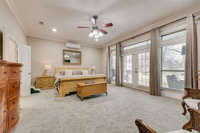 carpeted bedroom featuring a wall mounted AC, access to outside, ornamental molding, ceiling fan, and multiple windows