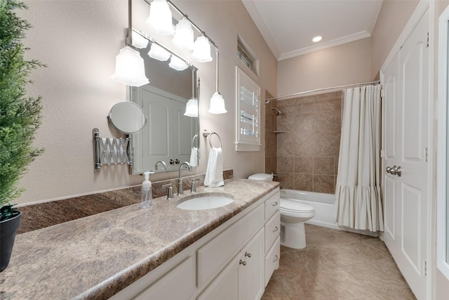 full bathroom with tile patterned floors, toilet, ornamental molding, vanity, and shower / bath combo