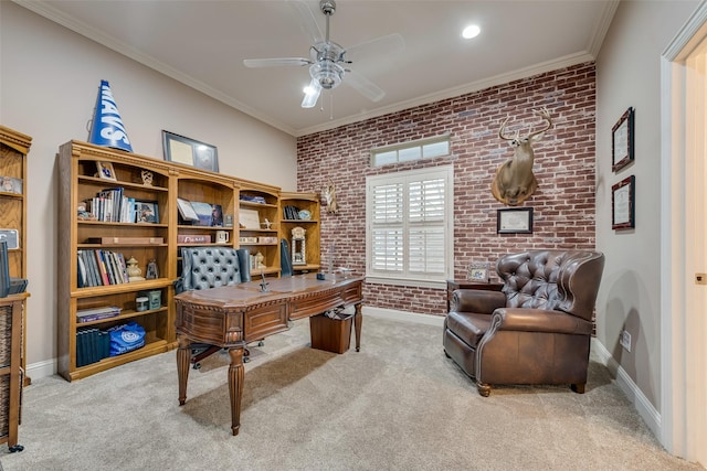 carpeted office featuring crown molding, ceiling fan, and brick wall