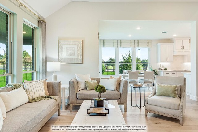 living room featuring lofted ceiling and light hardwood / wood-style flooring