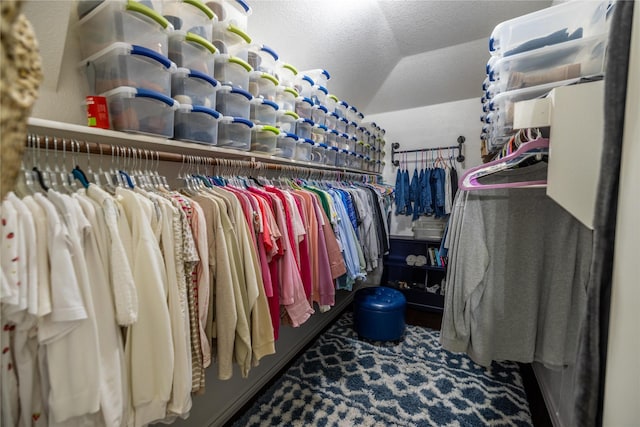 spacious closet with lofted ceiling and carpet floors