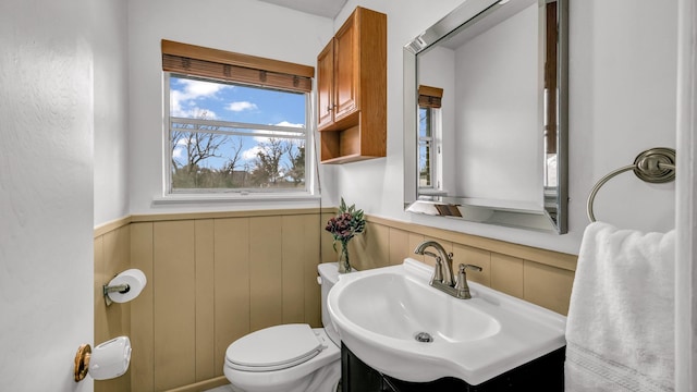 bathroom featuring toilet, vanity, and wood walls