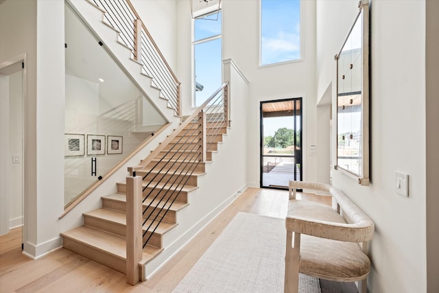 foyer entrance featuring a high ceiling and light wood-type flooring