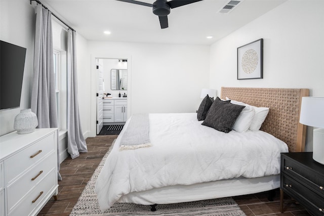 bedroom featuring connected bathroom and ceiling fan