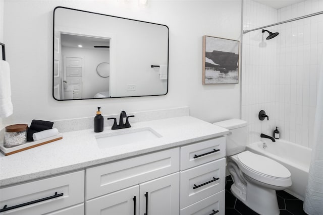 full bathroom with vanity, shower / bathtub combination with curtain, and toilet