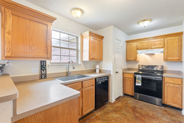 kitchen with tile patterned flooring, stainless steel electric stove, black dishwasher, and sink