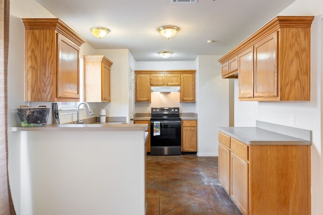 kitchen featuring range with electric cooktop and kitchen peninsula