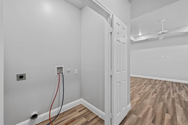 washroom with washer hookup, hardwood / wood-style floors, electric dryer hookup, and ceiling fan