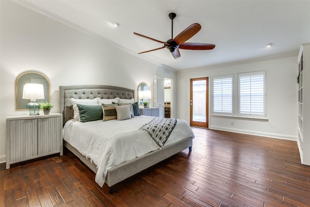 bedroom featuring dark wood-type flooring, crown molding, vaulted ceiling, access to outside, and ceiling fan